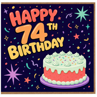 74th Birthday Card, Happy 74th Birthday Card with Cake and Confetti Design