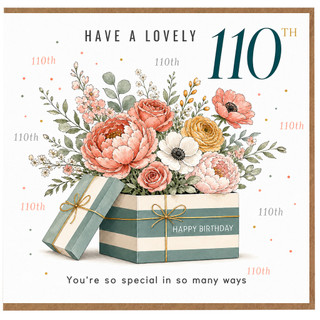 110th Birthday Card, Lovely Floral Gift Box Birthday Card