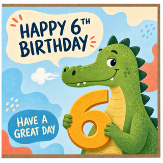 6th Birthday Card, Cute Dinosaur Happy 6th Birthday Card