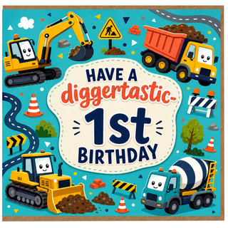 1st Birthday Card, Digger - Tastic Construction Vehicles Birthday Card