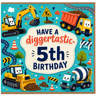 5th Birthday Card, Construction Digger Birthday Card