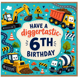 6th Birthday Card, Construction Vehicle Party Card