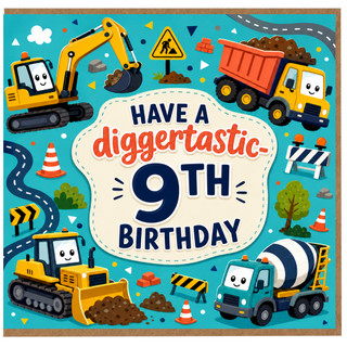 9th Birthday Card, Digger Construction Vehicles Card