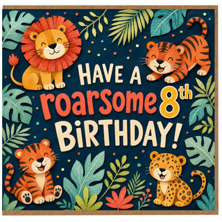 8th Birthday Card, Jungle Animals Roarsome Birthday Card