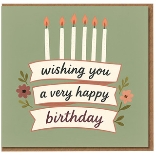 Wishing You a Very Happy Birthday Card - Candles and Floral Banner on Sage Green - Cute Birthday Greeting for Friend, Mum, Dad, Son, Daughter, Him or Her