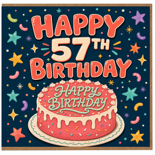 57th Birthday Card, Happy Birthday Cake Design