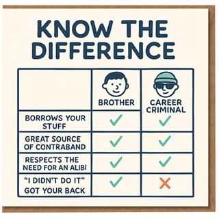 Funny Brother Birthday Card - Know the Difference Chart - Brother vs Career Criminal Humour - Sibling Banter Joke Card for