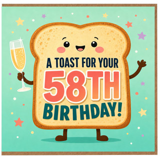 58th Birthday Card, Cute Toast and Champagne Glass Birthday Card