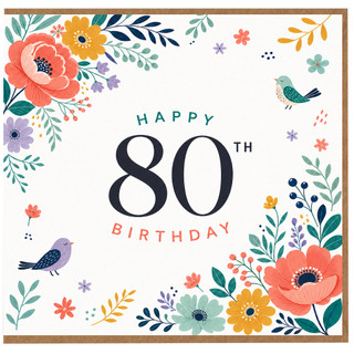 80th Birthday Card, with Floral Bird Design