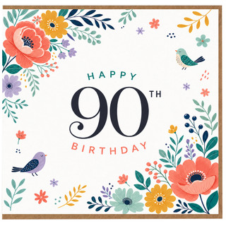 90th Birthday Card, Floral Birds Happy 90th Birthday Card