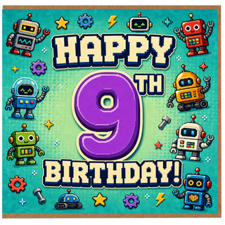 9th Birthday Card, Retro Robot Pixel Design