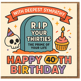 Funny 40th Birthday Card - With Deepest Sympathy RIP Your Thirties - Dark Humour Skull & Cupcake - Happy 40th