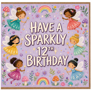 12th Birthday Card, Sparkly Fairy Girls Rainbow Floral Birthday Card