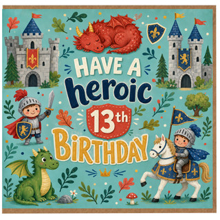 13th Birthday Card, Have a Heroic Birthday Card, Medieval Knight and Dragon Design