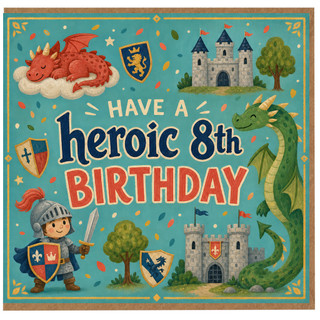 8th Birthday Card, Heroic Dragon and Knight Medieval Birthday Card