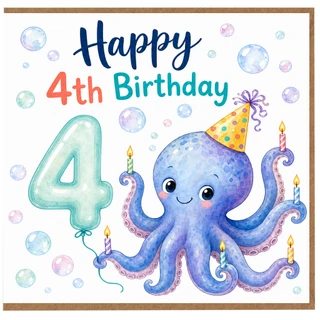 4th Birthday Card, Cute Octopus Happy 4th Birthday Card