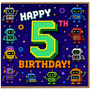 5th Birthday Card, Retro Robot Space Theme
