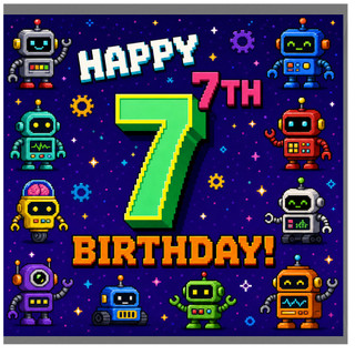 7th Birthday Card, Retro Robot Arcade Design