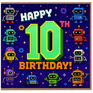 10th Birthday Card, Retro Robots Happy 10th Birthday Card