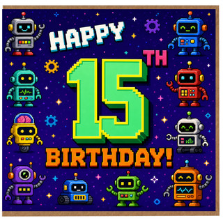15th Birthday Card, Retro Robot Gaming Design
