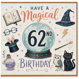 62nd Birthday Card, Magical Wizard Themed Birthday Card