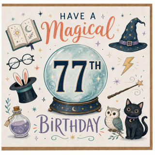 77th Birthday Card, Magical Wizard Themed Birthday Card