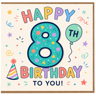 8th Birthday Card, Colourful Happy Birthday to You Card
