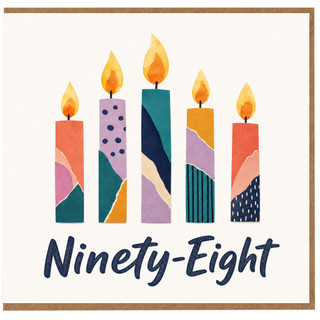 98th Birthday Card, Five Colourful Candles Design