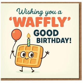 Funny Waffle Birthday Card - 'Waffly Good Birthday' Pun with Cute Cartoon Waffle, Candle and Balloon