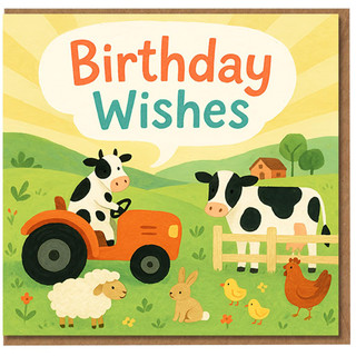 Birthday Wishes Farm Animals Birthday Card - Cute Cow on Tractor with Sheep, Bunny, Chicks and Hen, Country Scene for Kids and Animal Lovers