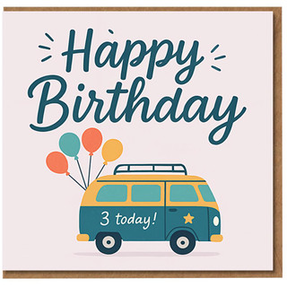 3rd Birthday Card for Child - Retro Camper Van with Balloons - Happy Birthday - '3 today!' Cute Kids Card