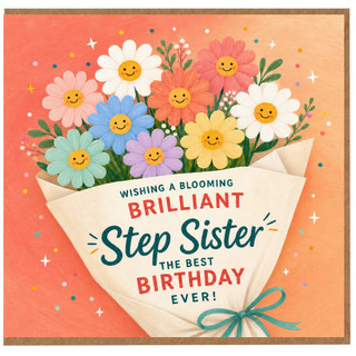 Step Sister Birthday Card, Wishing a Blooming Brilliant Best Birthday Ever Floral Bouquet Design