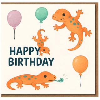 Happy Birthday Card - Cute Orange Salamanders with Balloons and Party Blower - Fun Animal Design for Kids, Friends and Reptile Lovers
