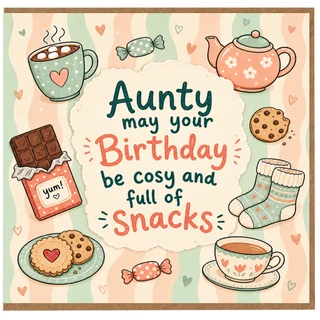 Aunty Birthday Card, Cosy and Full of Snacks Greeting Card