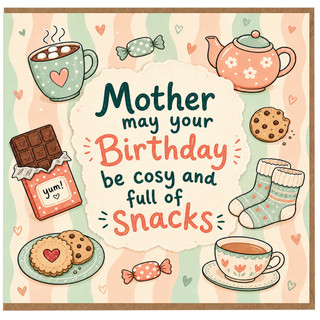 Mother Birthday Card, Cosy and Full of Snacks Birthday Card for Mum