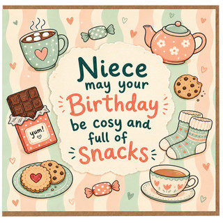 Niece Birthday Card, May Your Birthday Be Cosy and Full of Snacks