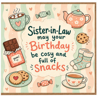 Sister - in - Law Birthday Card, Cosy and Full of Snacks Cute Pastel Birthday Card