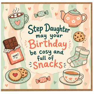 Step Daughter Birthday Card, Cosy Full of Snacks Birthday Card