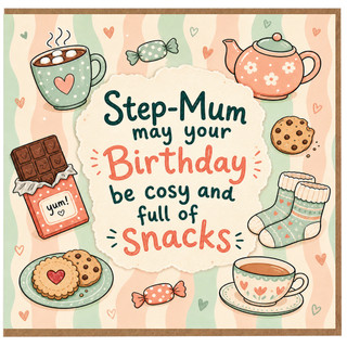 Step Mum Birthday Card, Cosy Snacks and Tea Birthday Card