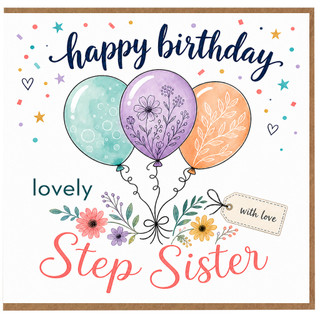 Step Sister Birthday Card, Lovely Happy Birthday Floral Balloon Card