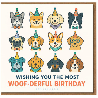 Funny Dog Birthday Card - Wishing You the Most Woof-derful Birthday - Cute Party Hat Dogs, Pun Humour for Dog Lovers, Friends or Family