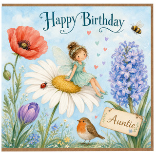 Auntie Birthday Card, Floral Fairy Happy Birthday Card