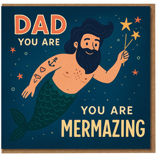 Funny Father's Day Card for Dad - 'You Are Mermazing' Pun - Bearded Merman Illustration with Stars - Underwater Theme