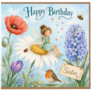 Sister Birthday Card, Whimsical Fairy on Daisy Floral Happy Birthday Card
