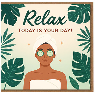 Relax Today Is Your Day Birthday Card - Spa Pamper Theme with Tropical Leaves and Cucumber Eye Mask - Uplifting Self-Care Design