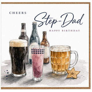 Step - Dad Birthday Card, Happy Birthday Card for Step Dad, Cheers Beer Drinks Design