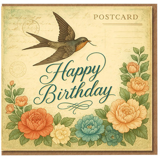 Happy Birthday Card - Vintage Postcard Design with Swallow and Peony Flowers - Elegant Floral Birthday Greeting for Her or Him