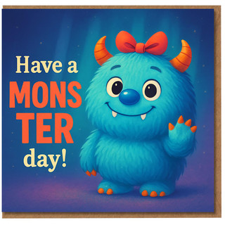 Cute Blue Monster Birthday Card for Kids - 'Have a MONSTER Day!' Fun Cartoon Creature with Bow and Horns, Waving Character