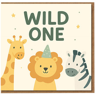 Wild One 1st Birthday Card - Cute Safari Animals with Giraffe, Lion and Zebra - Jungle Theme First Birthday Card for Boys or Girls