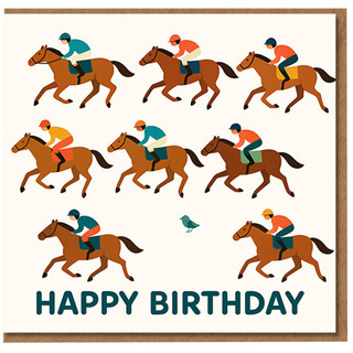 Happy Birthday Card - Horse Racing Jockeys Illustration, Galloping Horses Design, Fun Equestrian Card for Horse Lovers, Racing Fans, Men or Women